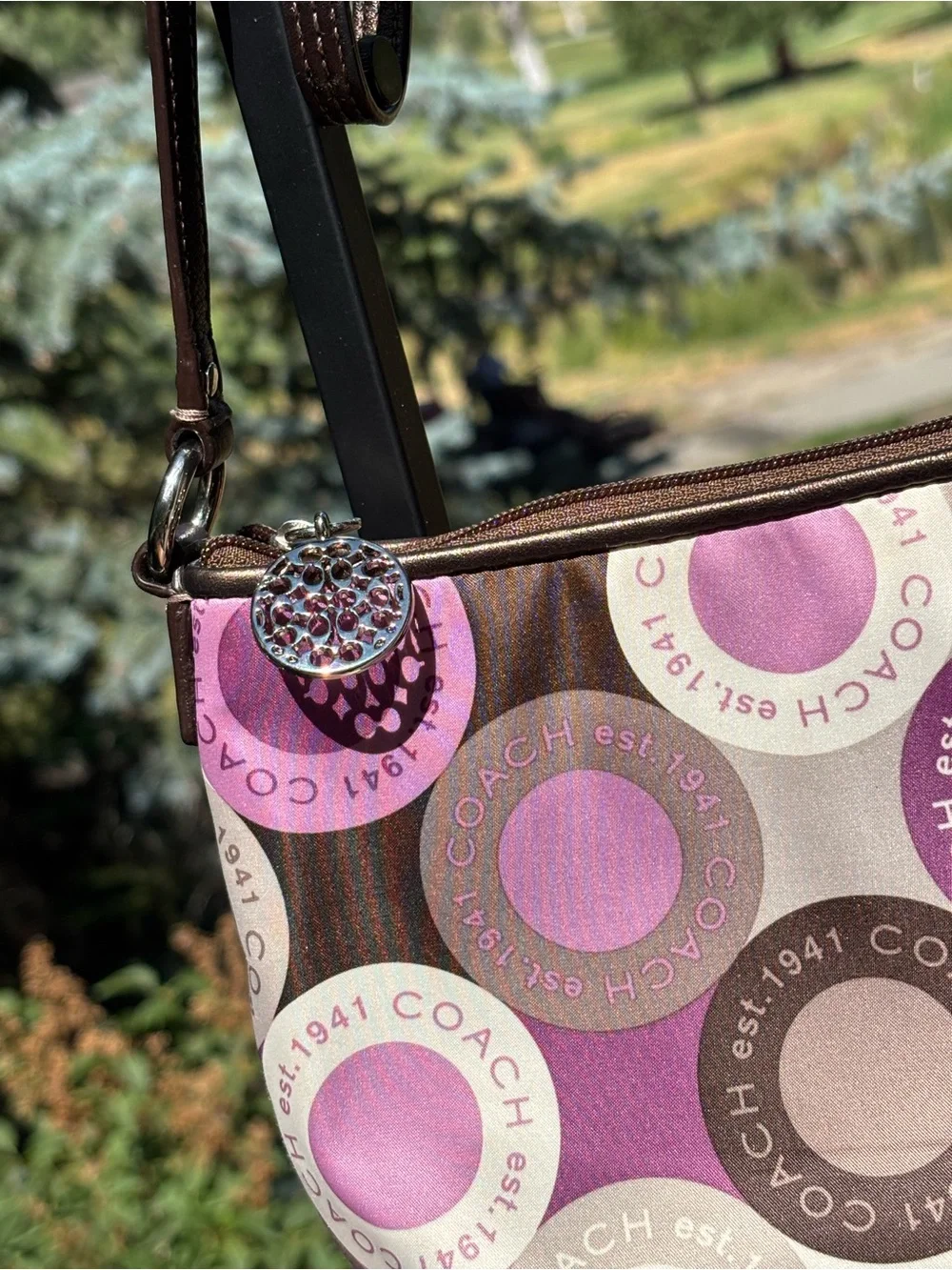 COACH Pink, Purple & Brown Circle Print Shoulder Bag